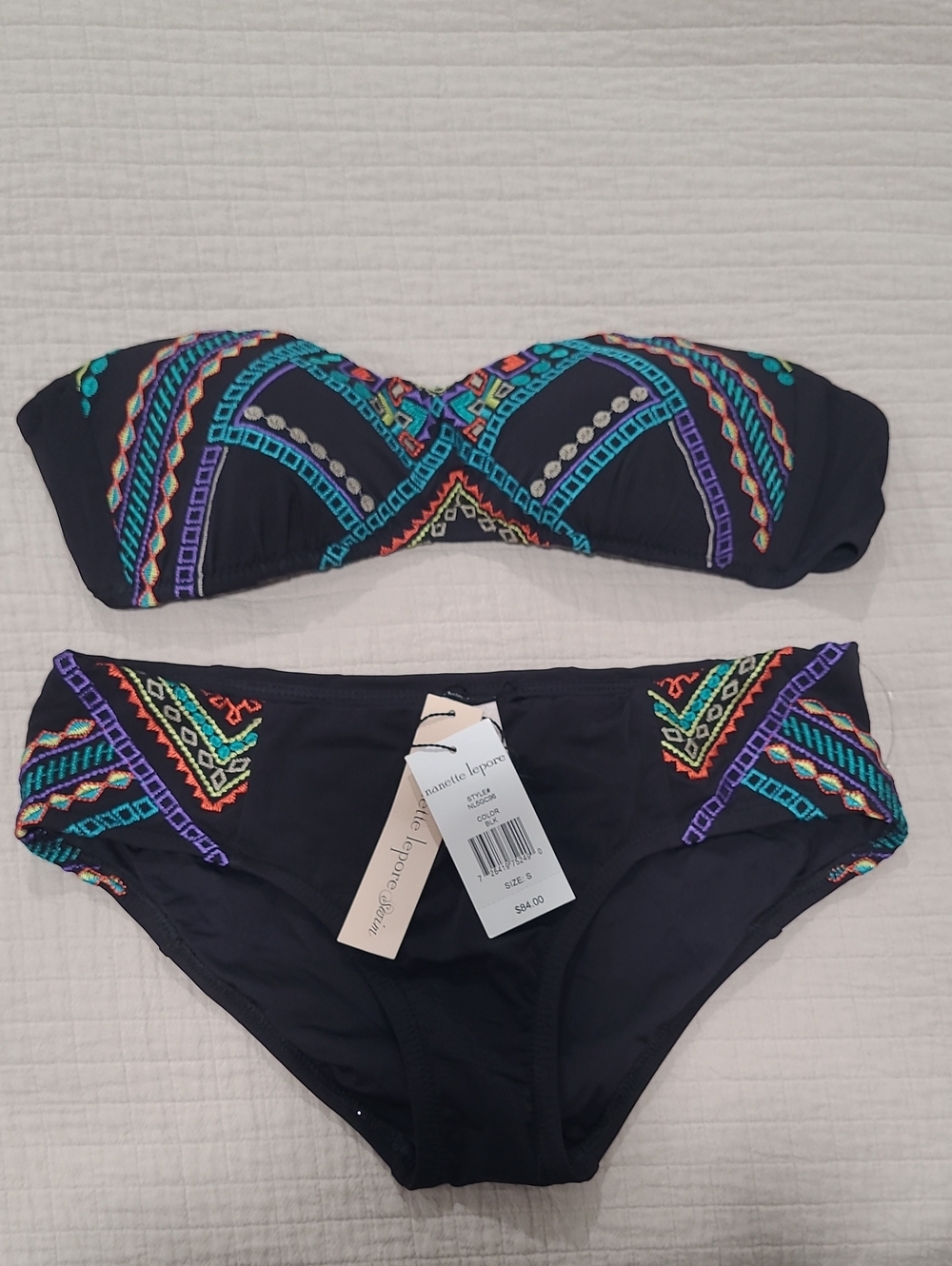 Nanette Lepore Black Bandeau Bikini with Multicolor Embroidery